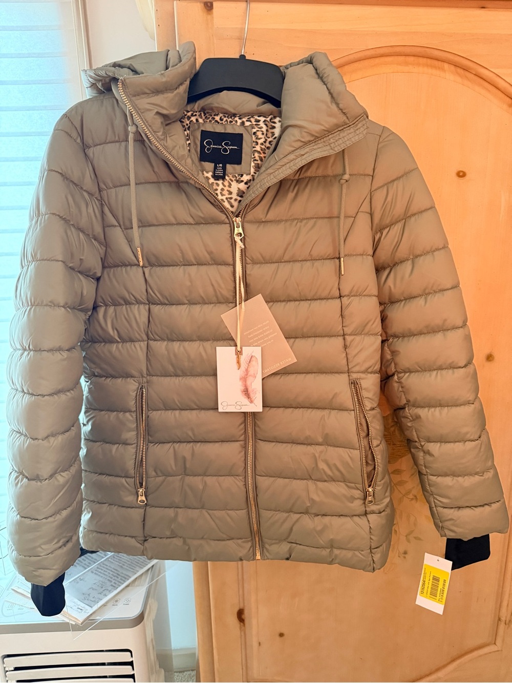 Jessica Simpson Olive Quilted Hooded Puffer with Leopard Lining